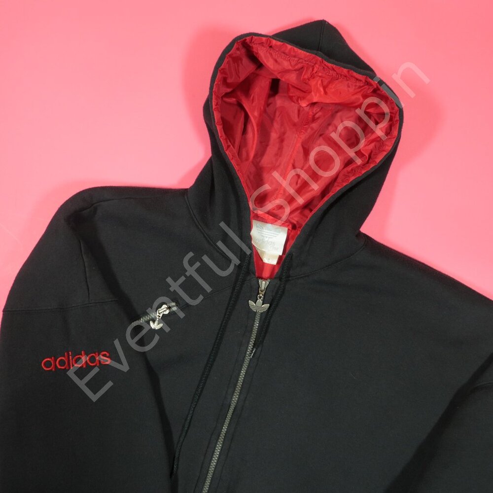 Vintage Adidas Hoodie Mens XL Black Trefoil Firebird 90s Lined Padded